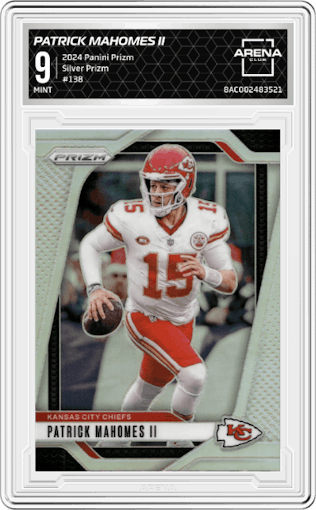 Patrick Mahomes II from the 2024 Panini Prizm set featuring a Silver Prizm parallel graded by Arena Club and given an overall grade of 9.