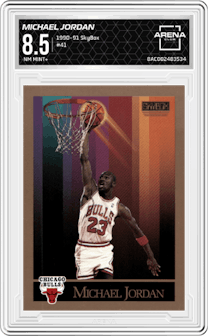Michael Jordan  from the 1990-91 SkyBox  set graded by Arena Club and given an overall grade of 8.5.