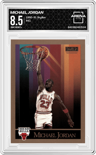 Michael Jordan  from the 1990-91 SkyBox  set graded by Arena Club and given an overall grade of 8.5.
