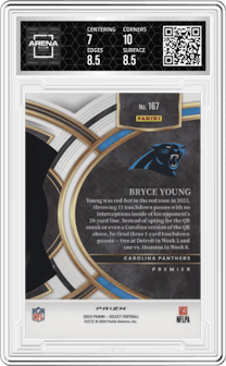 Bryce Young from the 2023 Panini Select set featuring a Die-Cut Black/Red parallel graded by Arena Club and given an overall grade of 7.5.