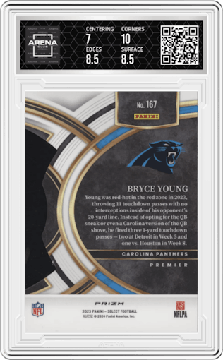 Bryce Young from the 2023 Panini Select set featuring a Die-Cut Black/Red parallel graded by Arena Club and given an overall grade of 7.5.