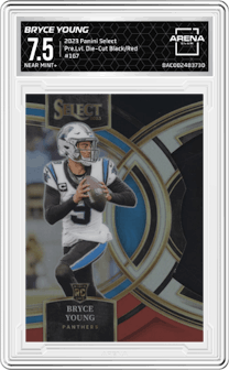 Bryce Young from the 2023 Panini Select set featuring a Die-Cut Black/Red parallel graded by Arena Club and given an overall grade of 7.5.