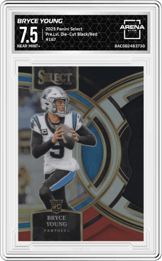 Bryce Young from the 2023 Panini Select set featuring a Die-Cut Black/Red parallel graded by Arena Club and given an overall grade of 7.5.