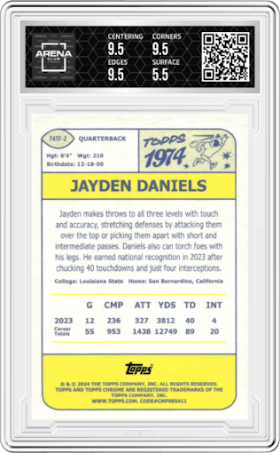 Jayden Daniels from the 2024 Topps Chrome set featuring a Pink Refractor parallel graded by Arena Club and given an overall grade of 6.