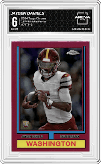 Jayden Daniels from the 2024 Topps Chrome set featuring a Pink Refractor parallel graded by Arena Club and given an overall grade of 6.