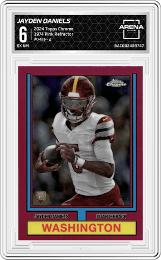 Jayden Daniels from the 2024 Topps Chrome set featuring a Pink Refractor parallel graded by Arena Club and given an overall grade of 6.