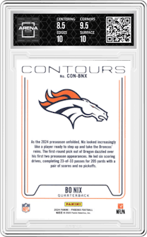 Bo Nix from the 2024 Panini Phoenix set featuring a Lazer parallel graded by Arena Club and given an overall grade of 9.