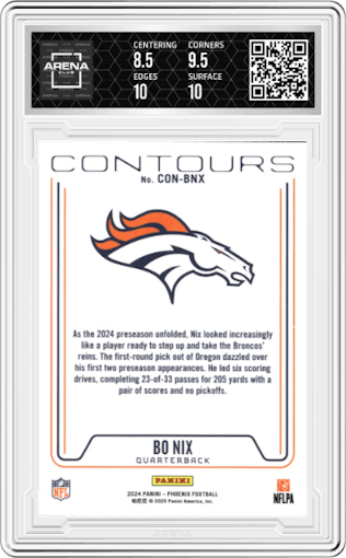 Bo Nix from the 2024 Panini Phoenix set featuring a Lazer parallel graded by Arena Club and given an overall grade of 9.