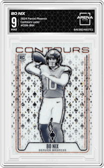 Bo Nix from the 2024 Panini Phoenix set featuring a Lazer parallel graded by Arena Club and given an overall grade of 9.