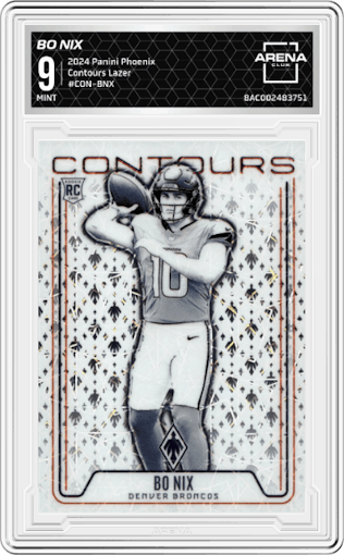 Bo Nix from the 2024 Panini Phoenix set featuring a Lazer parallel graded by Arena Club and given an overall grade of 9.