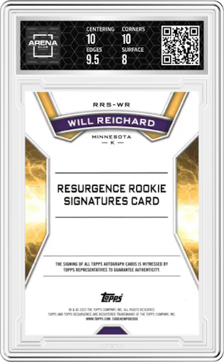 Will Reichard from the 2024 Topps Resurgence set featuring a Black Static parallel graded by Arena Club and given an overall grade of 8.5.