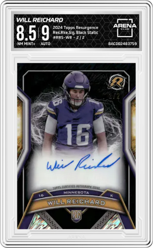 Will Reichard from the 2024 Topps Resurgence set featuring a Black Static parallel graded by Arena Club and given an overall grade of 8.5.