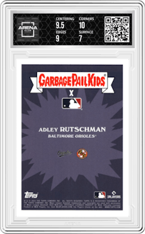 Top Gun Adley from the 2023 Topps Garbage Pail Kids x MLB Series 3 set featuring a Baseball Stitching Foil parallel graded by Arena Club and given an overall grade of 7.5.