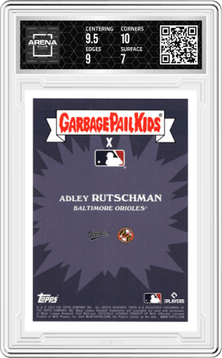 Top Gun Adley from the 2023 Topps Garbage Pail Kids x MLB Series 3 set featuring a Baseball Stitching Foil parallel graded by Arena Club and given an overall grade of 7.5.