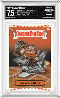 Top Gun Adley from the 2023 Topps Garbage Pail Kids x MLB Series 3 set featuring a Baseball Stitching Foil parallel graded by Arena Club and given an overall grade of 7.5.