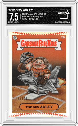 Top Gun Adley from the 2023 Topps Garbage Pail Kids x MLB Series 3 set featuring a Baseball Stitching Foil parallel graded by Arena Club and given an overall grade of 7.5.