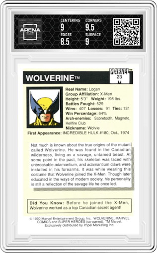 Wolverine from the 1990 Impel Marvel Universe  set graded by Arena Club and given an overall grade of 9.