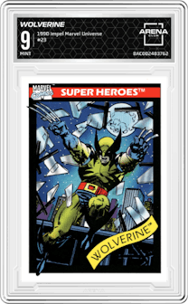 Wolverine from the 1990 Impel Marvel Universe  set graded by Arena Club and given an overall grade of 9.