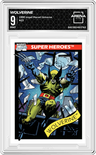 Wolverine from the 1990 Impel Marvel Universe  set graded by Arena Club and given an overall grade of 9.