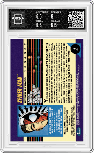 Spider-Man from the 1992 Impel Marvel Universe Series 3  set graded by Arena Club and given an overall grade of 7.