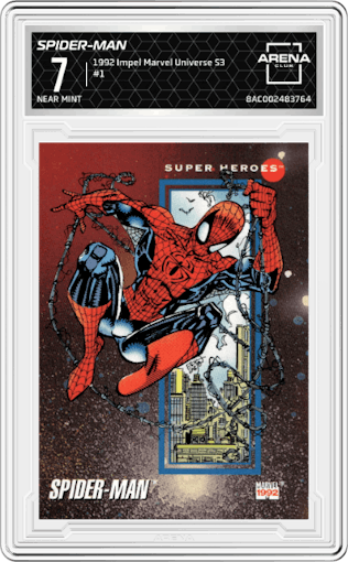 Spider-Man from the 1992 Impel Marvel Universe Series 3  set graded by Arena Club and given an overall grade of 7.