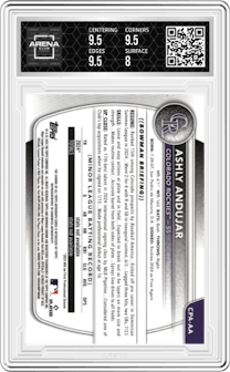 Ashly Andujar from the 2025 Bowman set featuring a Purple Refractor parallel graded by Arena Club and given an overall grade of 8.5.