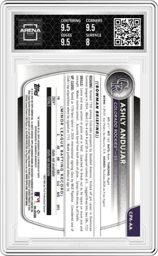 Ashly Andujar from the 2025 Bowman set featuring a Purple Refractor parallel graded by Arena Club and given an overall grade of 8.5.