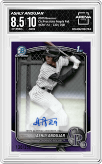 Ashly Andujar from the 2025 Bowman set featuring a Purple Refractor parallel graded by Arena Club and given an overall grade of 8.5.