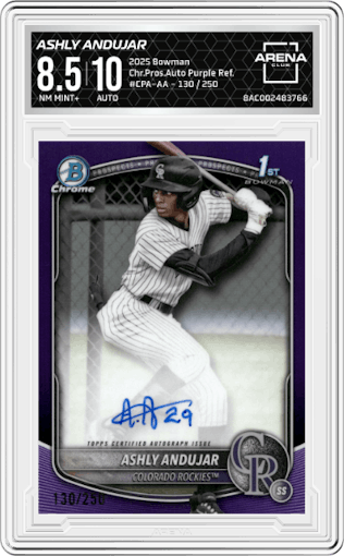 Ashly Andujar from the 2025 Bowman set featuring a Purple Refractor parallel graded by Arena Club and given an overall grade of 8.5.