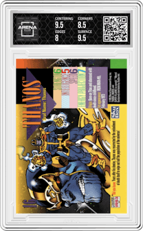 Thanos from the 1993 Skybox Marvel Universe set graded by Arena Club and given an overall grade of 8.5.