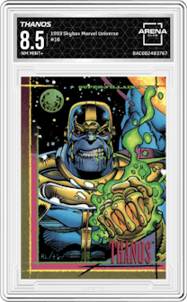 Thanos from the 1993 Skybox Marvel Universe set graded by Arena Club and given an overall grade of 8.5.