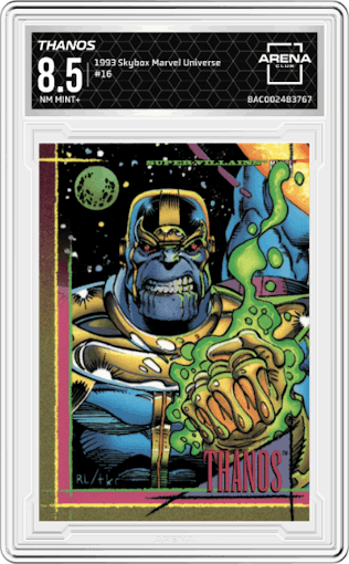 Thanos from the 1993 Skybox Marvel Universe set graded by Arena Club and given an overall grade of 8.5.