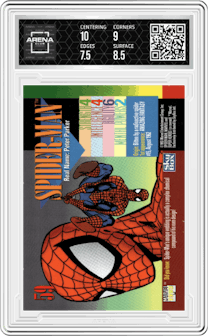 Spider-Man from the 1993 Skybox Marvel Universe set graded by Arena Club and given an overall grade of 8.
