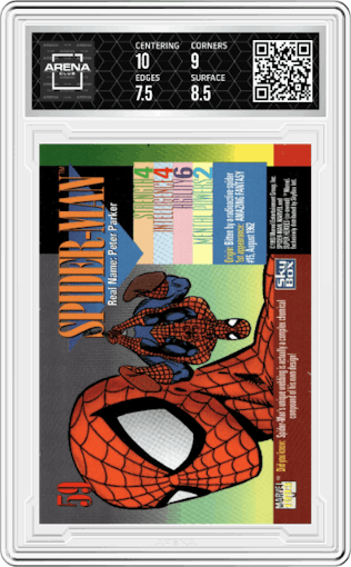Spider-Man from the 1993 Skybox Marvel Universe set graded by Arena Club and given an overall grade of 8.