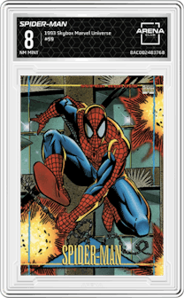Spider-Man from the 1993 Skybox Marvel Universe set graded by Arena Club and given an overall grade of 8.