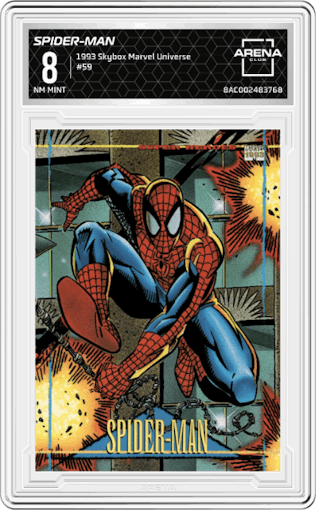 Spider-Man from the 1993 Skybox Marvel Universe set graded by Arena Club and given an overall grade of 8.