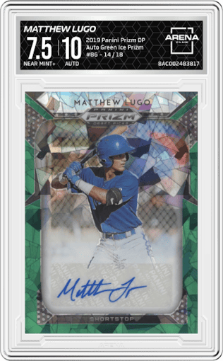 Matthew Lugo from the 2019 Panini Prizm Draft Picks set featuring a Green Ice Prizm parallel graded by Arena Club and given an overall grade of 7.5.