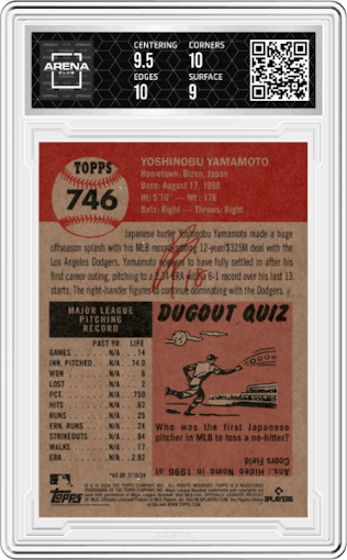 Yoshinobu Yamamoto from the Ultimate Topps Living Set   set graded by Arena Club and given an overall grade of 9.5.