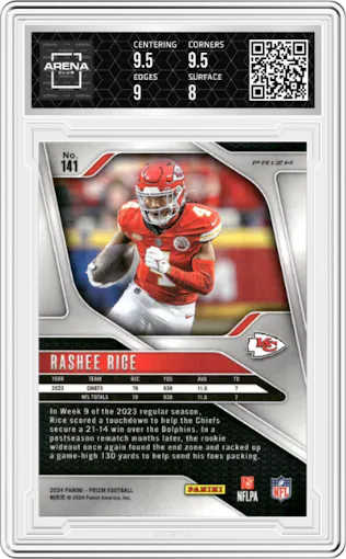 Rashee Rice from the 2024 Panini Prizm set featuring a Green Wave parallel graded by Arena Club and given an overall grade of 8.5.