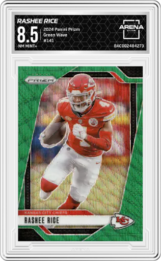 Rashee Rice from the 2024 Panini Prizm set featuring a Green Wave parallel graded by Arena Club and given an overall grade of 8.5.