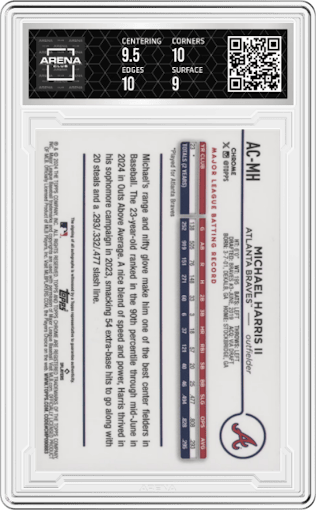 Michael Harris II from the 2024 Topps Chrome Update set featuring a Blue RayWave Refractor parallel graded by Arena Club and given an overall grade of 9.5.