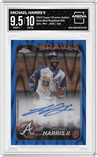 Michael Harris II from the 2024 Topps Chrome Update set featuring a Blue RayWave Refractor parallel graded by Arena Club and given an overall grade of 9.5.