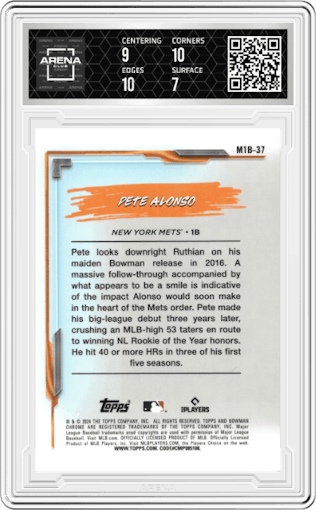 Pete Alonzo from the 2024 Bowman Chrome set graded by Arena Club and given an overall grade of 7.5.