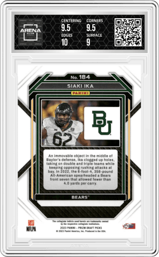 Siaki Ika from the 2023 Panini Prizm Draft Picks set graded by Arena Club and given an overall grade of 9.5.
