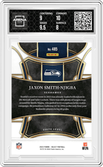 Jaxon Smith-Njigba from the 2023 Panini Select set graded by Arena Club and given an overall grade of 8.5.