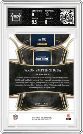 Jaxon Smith-Njigba from the 2023 Panini Select set graded by Arena Club and given an overall grade of 8.5.