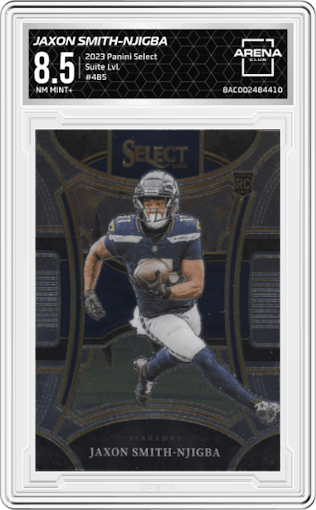 Jaxon Smith-Njigba from the 2023 Panini Select set graded by Arena Club and given an overall grade of 8.5.