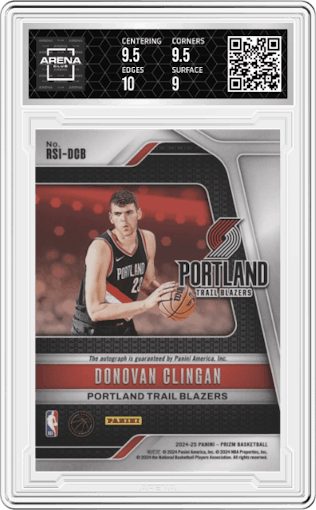 Donovan Clingan from the 2024-25 Panini Prizm set graded by Arena Club and given an overall grade of 9.5.