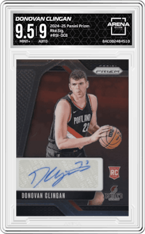 Donovan Clingan from the 2024-25 Panini Prizm set graded by Arena Club and given an overall grade of 9.5.