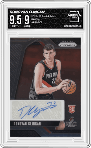 Donovan Clingan from the 2024-25 Panini Prizm set graded by Arena Club and given an overall grade of 9.5.